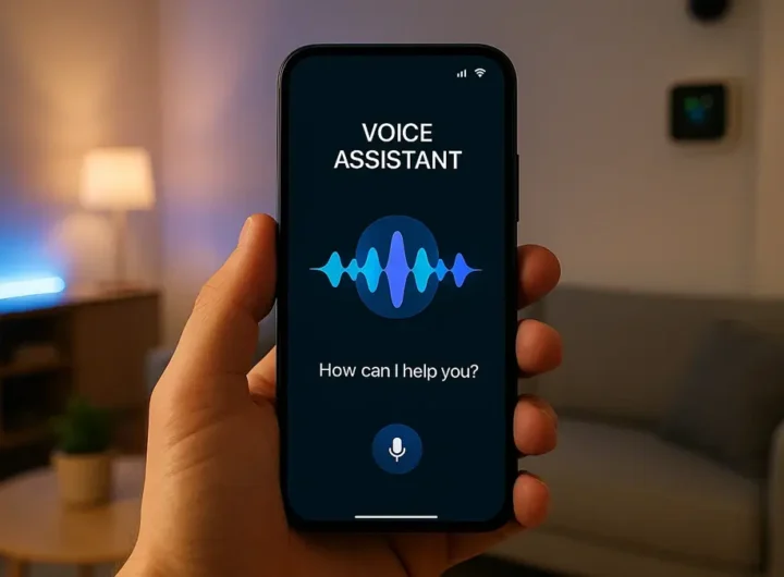 Una mano che tiene uno smartphone con un assistente vocale visualizzato