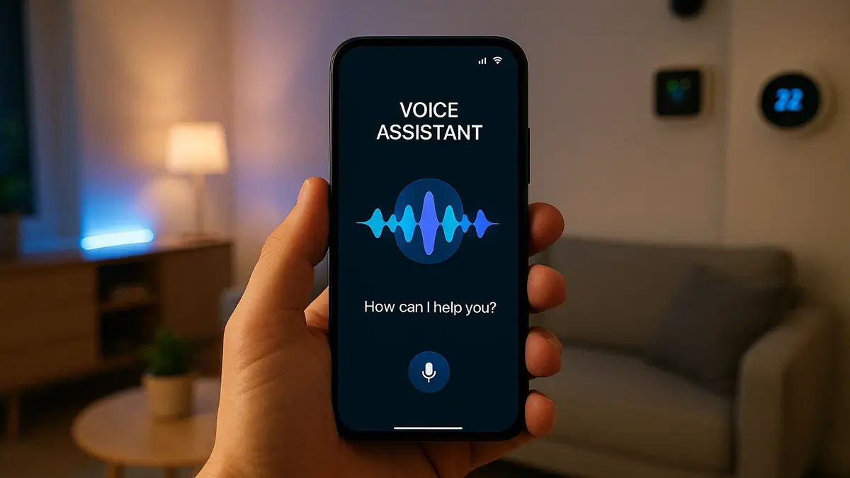 Una mano che tiene uno smartphone con un assistente vocale visualizzato