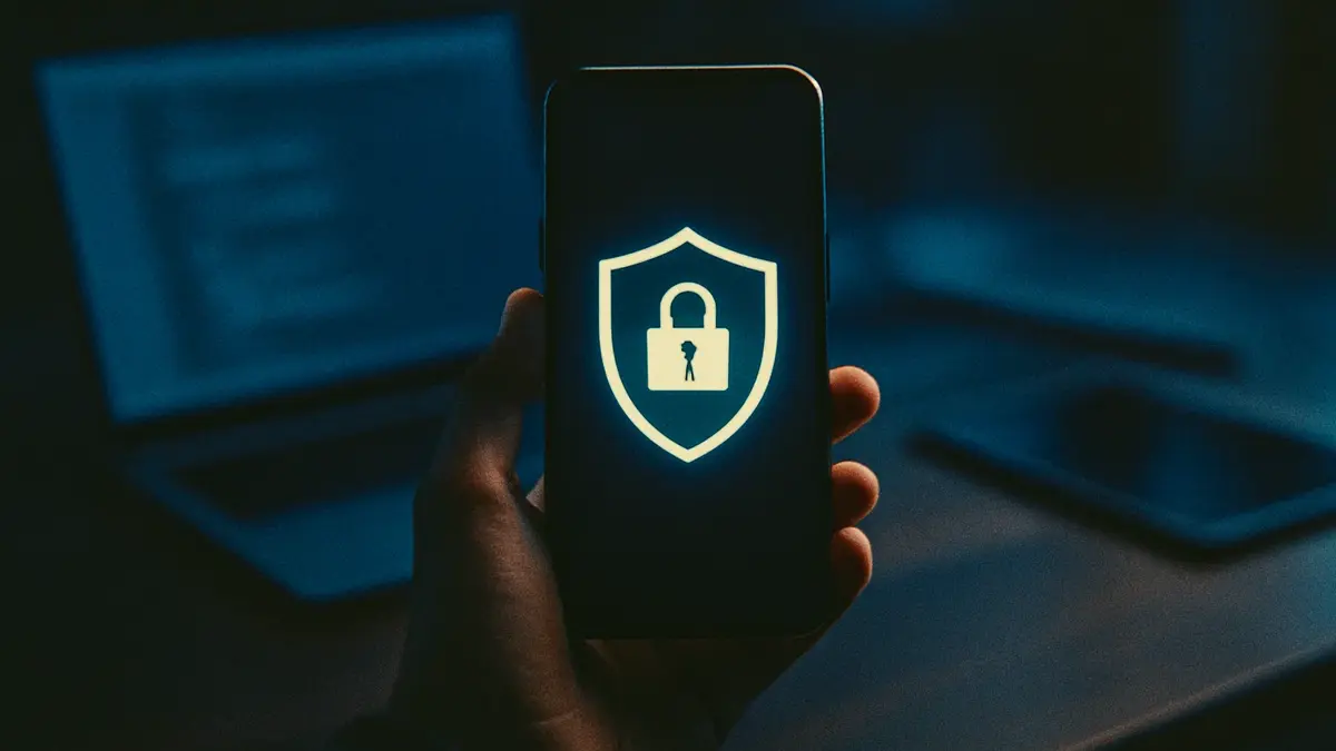Una mano che tiene uno smartphone con un icona di lucchetto o scudo sullo schermo