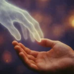 Una mano eterea e trasparente che si estende dolcemente verso una mano umana in segno di conforto