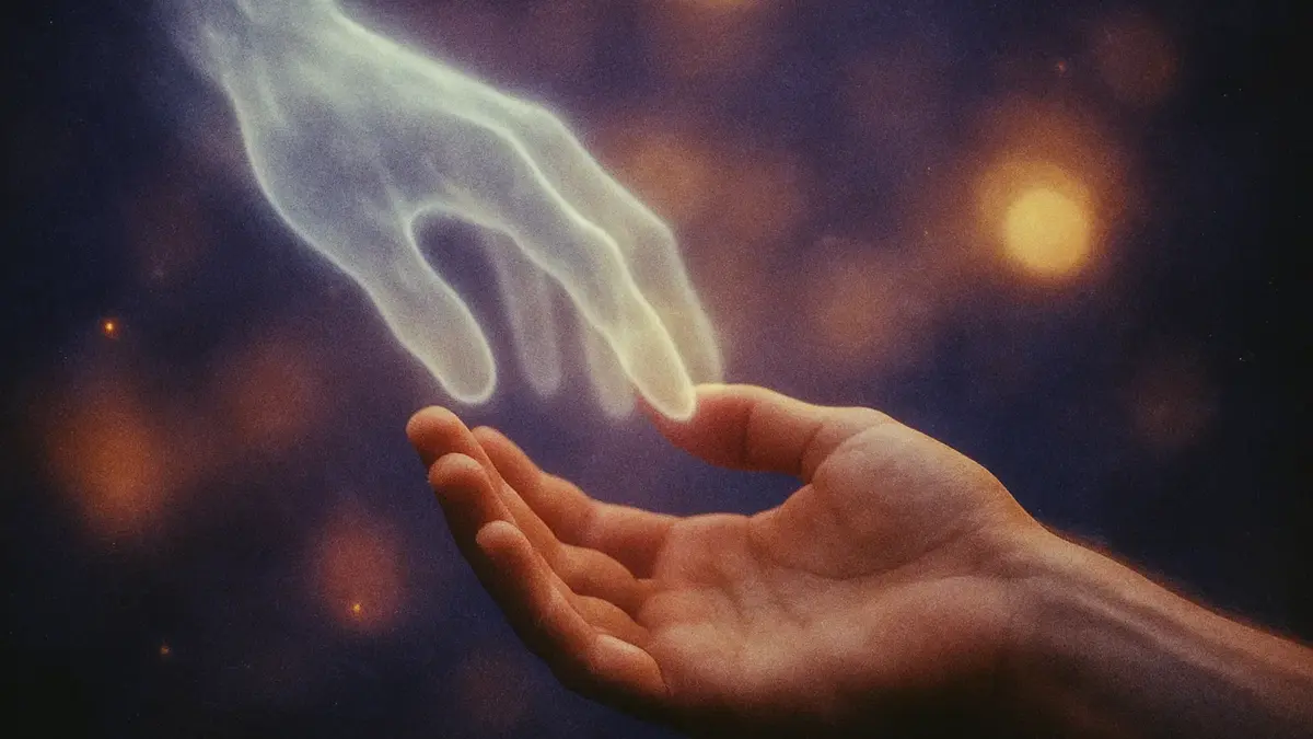 Una mano eterea e trasparente che si estende dolcemente verso una mano umana in segno di conforto