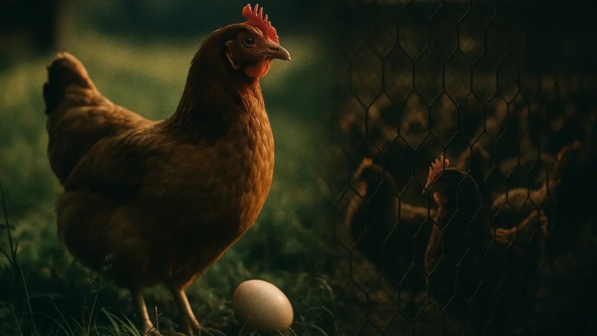 Una mano gentile che accarezza una gallina in un prato verde