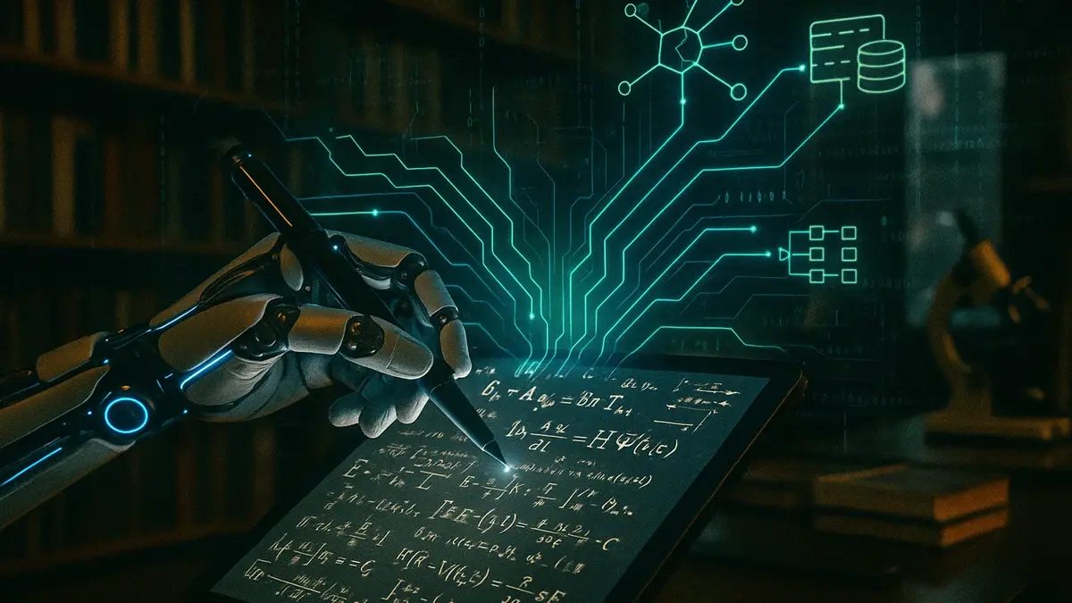 Una mano robotica (AI) che scrive su un foglio di carta simbolo di pubblicazione scientifica con un interfaccia olografica che mostra equazioni e testo generato