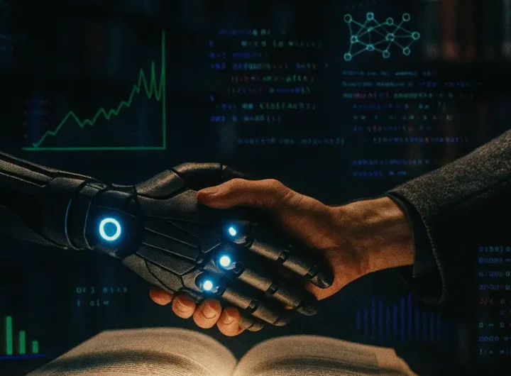 Una mano robotica (AI) e una mano umana si stringono attorno a un documento di ricerca o a un libro