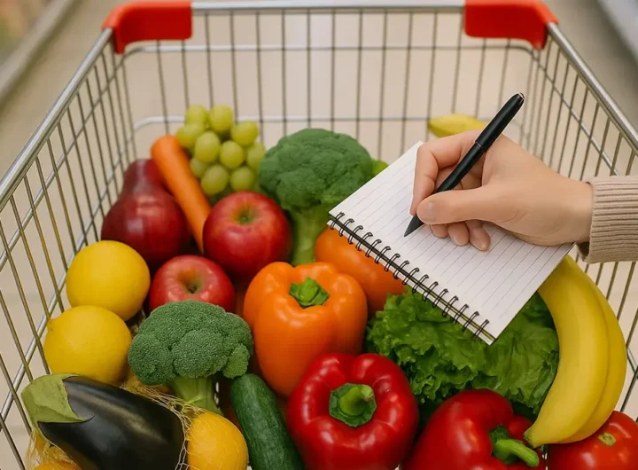 Una mano tiene una penna e una lista della spesa sopra un carrello del supermercato pieno di frutta e verdura fresca