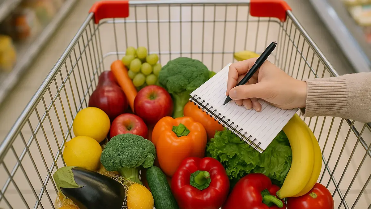 Una mano tiene una penna e una lista della spesa sopra un carrello del supermercato pieno di frutta e verdura fresca