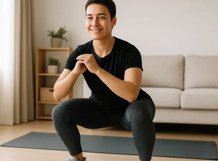 Una persona che esegue uno squat a corpo libero in un ambiente domestico luminoso