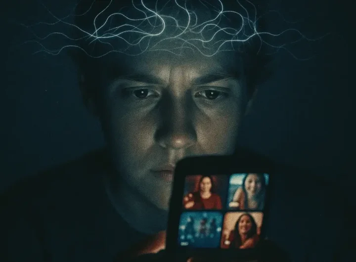 Una persona che guarda intensamente uno smartphone