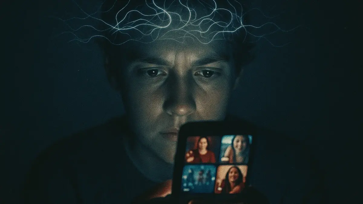 Una persona che guarda intensamente uno smartphone