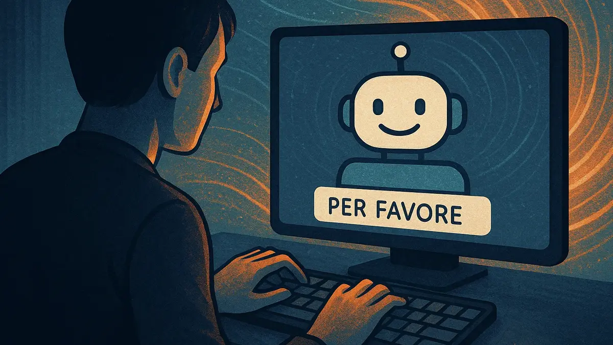 Una persona digita per favore su una tastiera virtuale mentre un avatar di intelligenza artificiale sorride sullo schermo