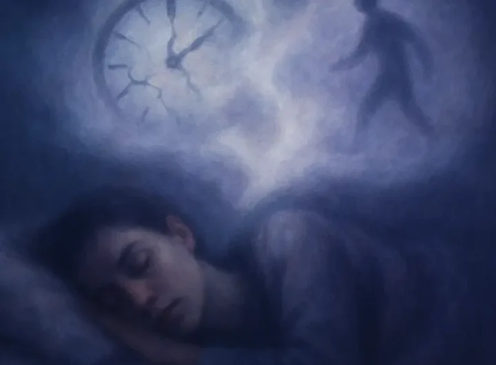 Una persona dorme serenamente mentre sopra la sua testa si materializza una scena sfocata di un evento futuro