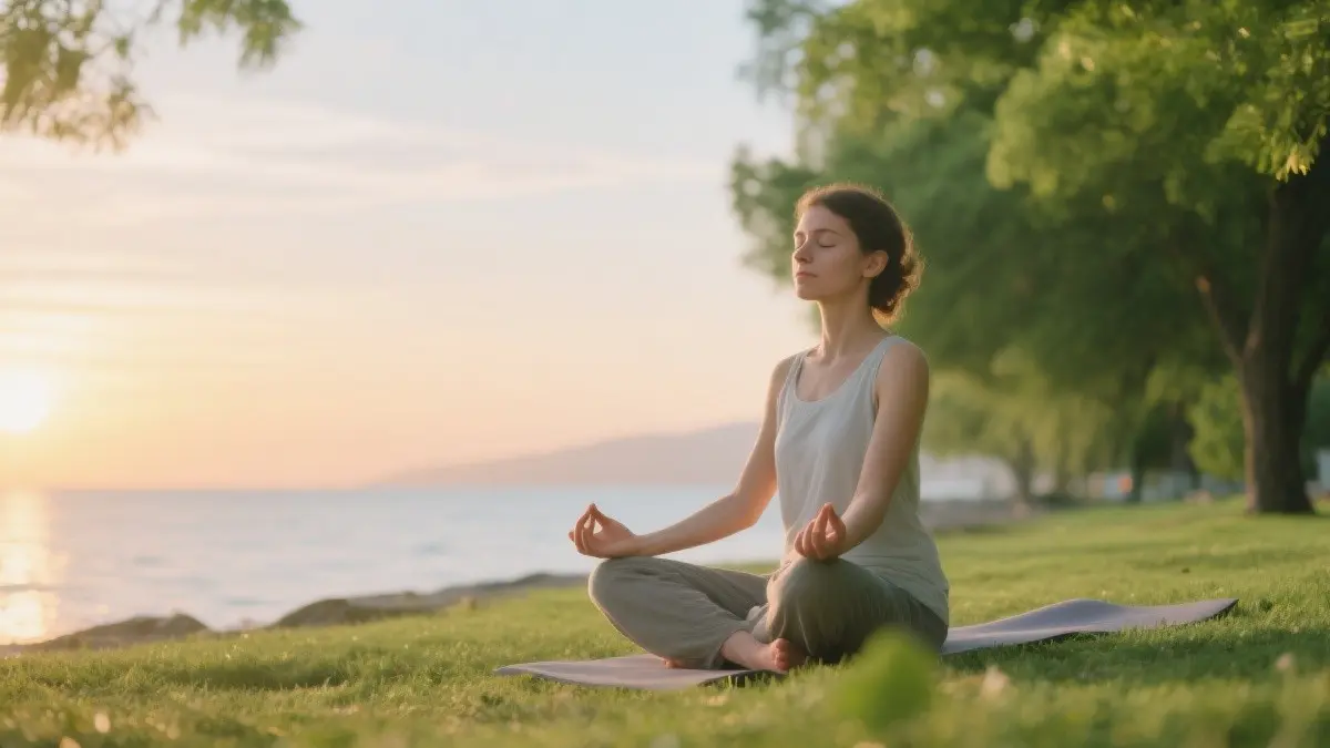Una persona serena che pratica yoga o meditazione