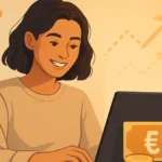 Una persona sorridente che lavora al computer con un piccolo simbolo di euro in primo piano