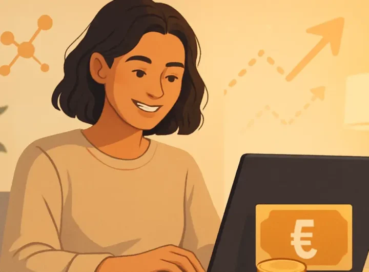 Una persona sorridente che lavora al computer con un piccolo simbolo di euro in primo piano