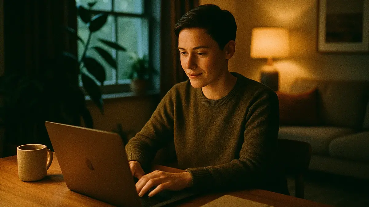 Una persona sorridente che lavora al laptop da casa