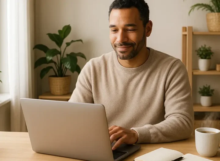 Una persona sorridente e rilassata lavora al laptop da una scrivania ordinata e luminosa