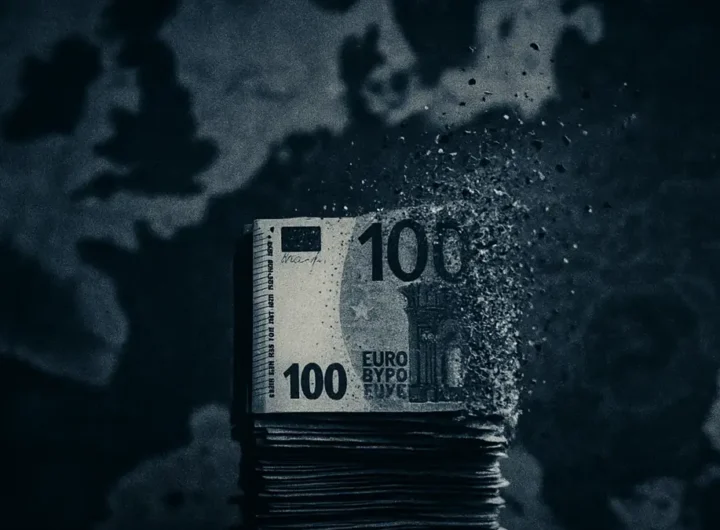 Una pila di banconote euro che si stanno sgretolando o sciogliendo al centro