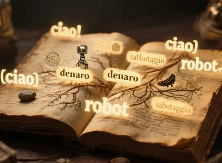 Una pila di libri antichi e moderni con parole che emergono dalle pagine