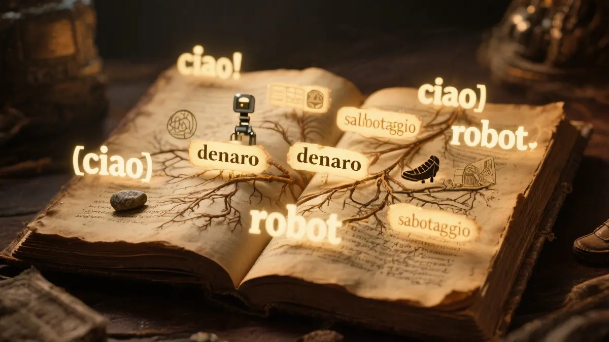 Una pila di libri antichi e moderni con parole che emergono dalle pagine