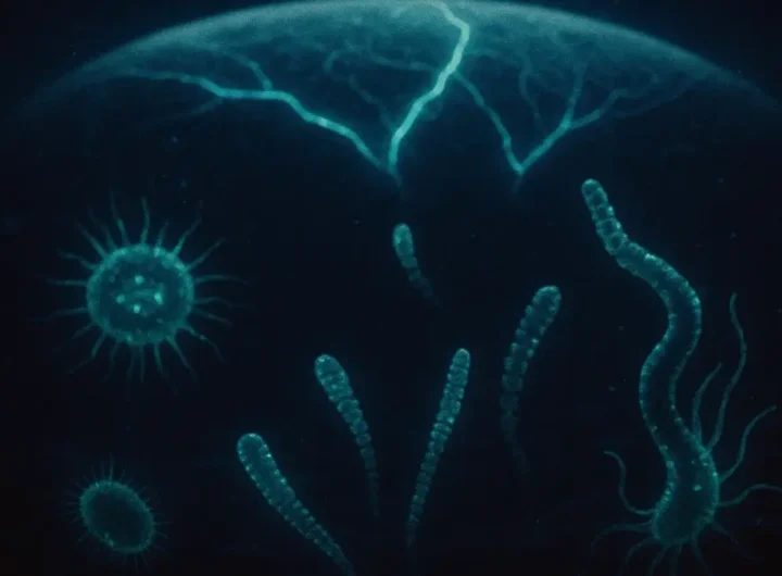 Una rappresentazione artistica di un microbo bioluminescente in un ambiente oceanico profondo e scuro
