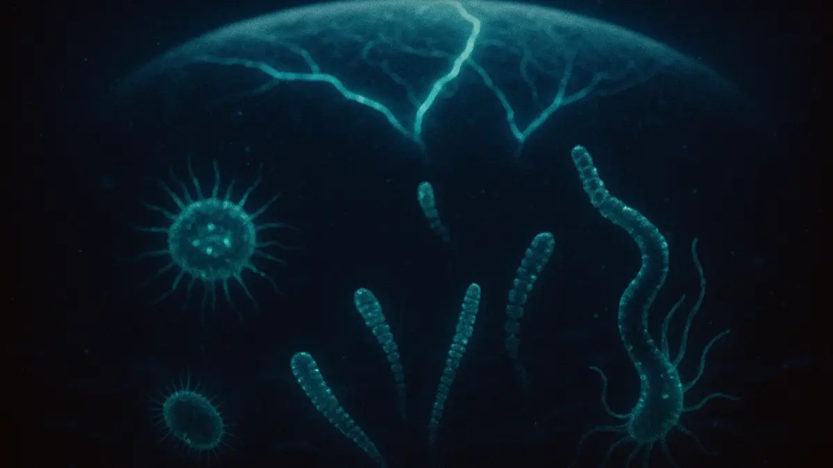 Una rappresentazione artistica di un microbo bioluminescente in un ambiente oceanico profondo e scuro