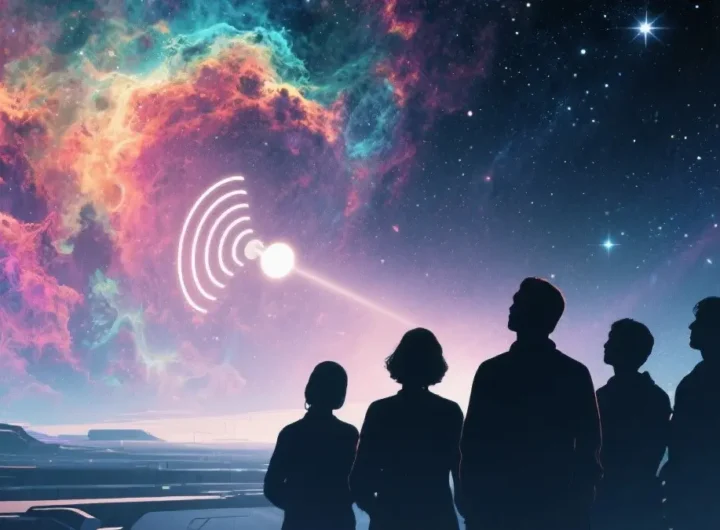 Una rappresentazione artistica di un segnale radio proveniente dallo spazio profondo che raggiunge la Terra