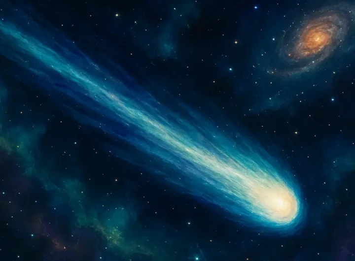 Una rappresentazione artistica di una cometa interstellare con una chioma luminosa e una coda allungata