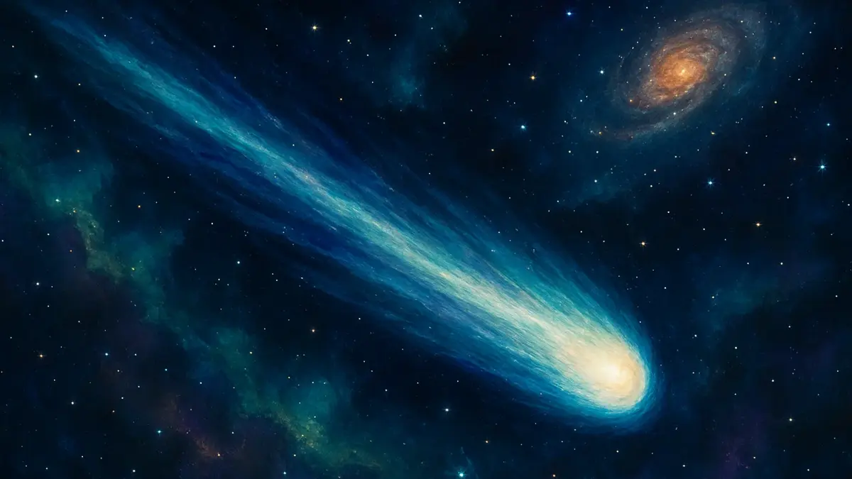 Una rappresentazione artistica di una cometa interstellare con una chioma luminosa e una coda allungata
