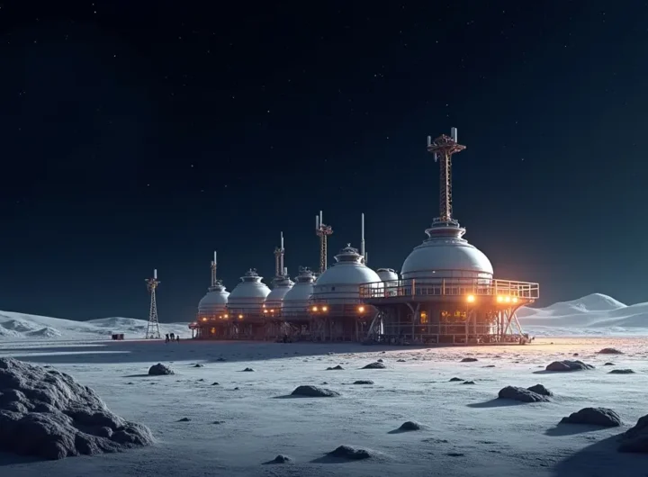 Una rappresentazione futuristica di una base lunare illuminata su un paesaggio lunare grigio e craterizzato