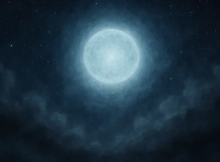 Una sfera di luce brillante fluttua in un cielo notturno scuro e stellato