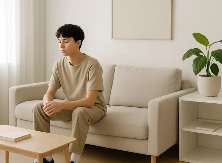 Una stanza luminosa e ordinata con pochi mobili essenziali e piante verdi