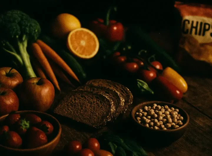 Una tavola rustica con frutta fresca verdure colorate pane integrale e legumi