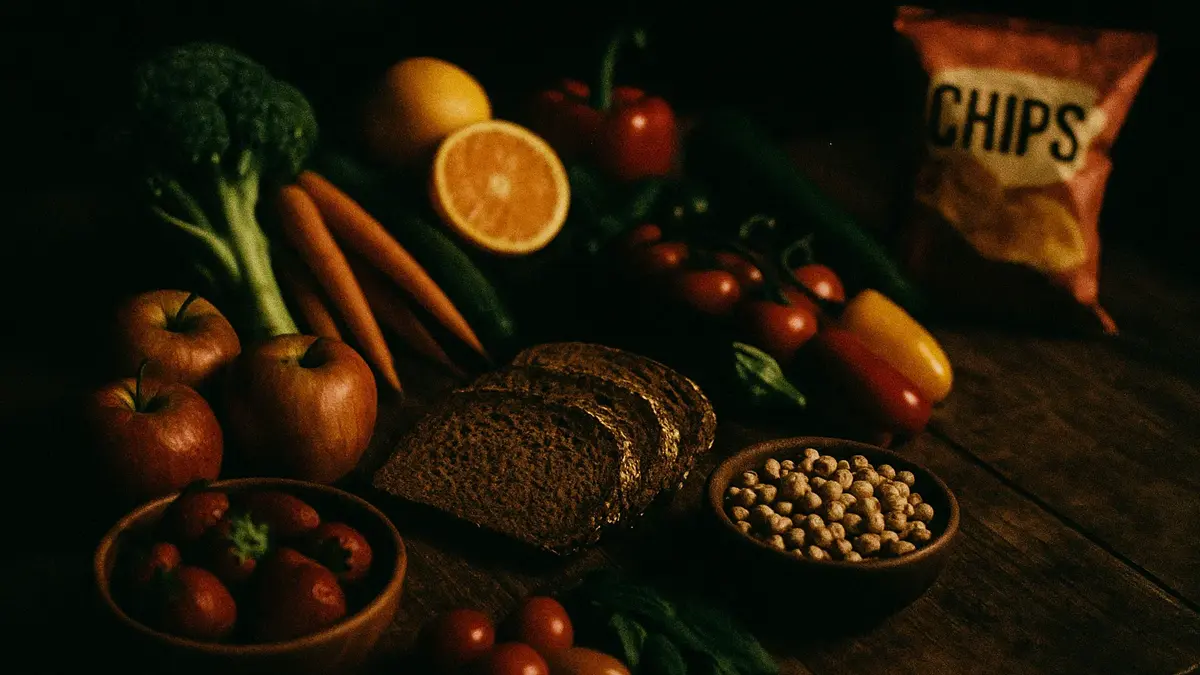 Una tavola rustica con frutta fresca verdure colorate pane integrale e legumi