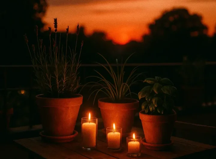 Una terrazza estiva al tramonto con piante aromatiche in vaso