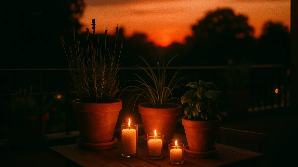 Una terrazza estiva al tramonto con piante aromatiche in vaso