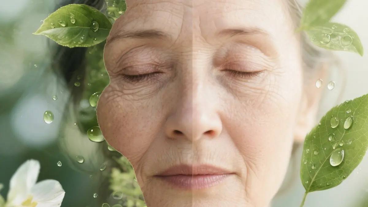 Un'immagine divisa in due sezioni la sinistra mostra un viso leggermente stanco con piccole rughe e la destra lo stesso viso più tonico