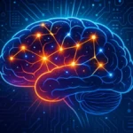 Un'immagine stilizzata e vibrante di un cervello umano illuminato da connessioni neuronali e fasci di luce