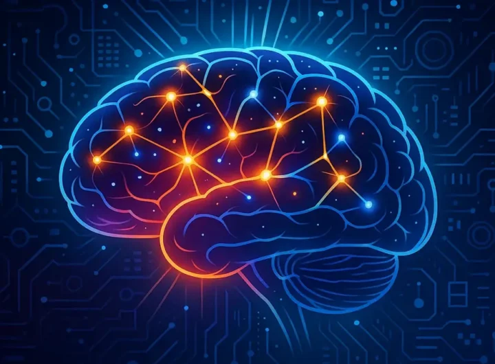 Un'immagine stilizzata e vibrante di un cervello umano illuminato da connessioni neuronali e fasci di luce