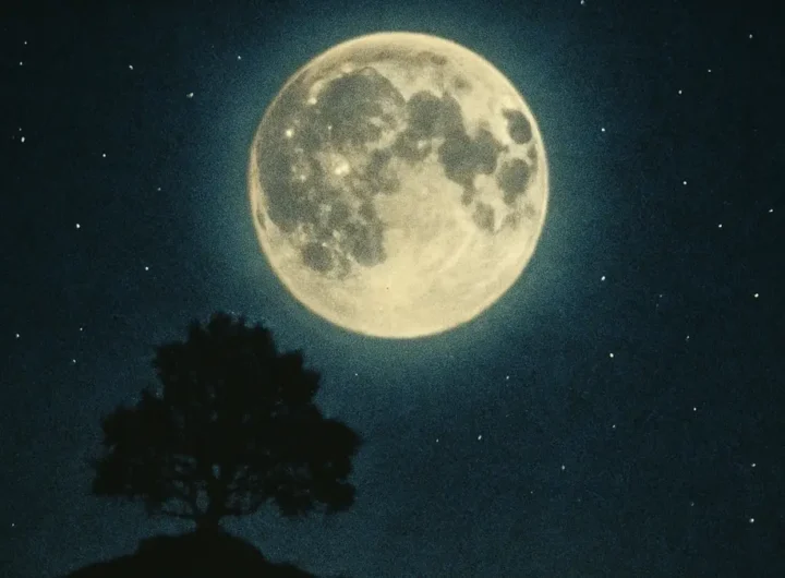 Un'immagine suggestiva della Luna piena che si staglia contro un cielo notturno profondo e stellato