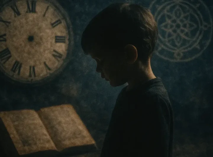 Un'immagine suggestiva di un bambino che guarda fuori da una finestra antica