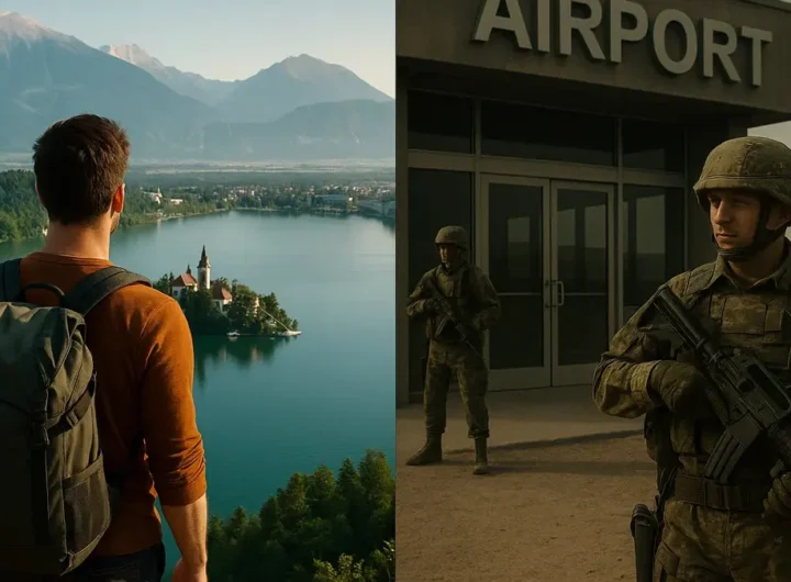 Uomo con zaino in spalla che osserva un paesaggio naturale in Slovenia