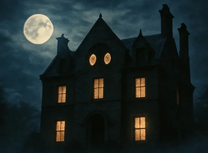 Vecchia casa con finestre illuminate e atmosfera suggestiva