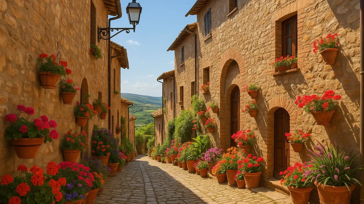 Vicolo fiorito in un borgo medievale italiano