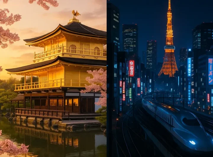 immagine composita che unisce elementi tradizionali e moderni del Giappone