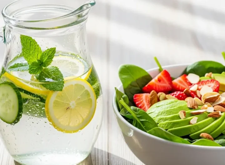 Acqua detox rinfrescante con limone e menta accanto a una colorata insalata estiva