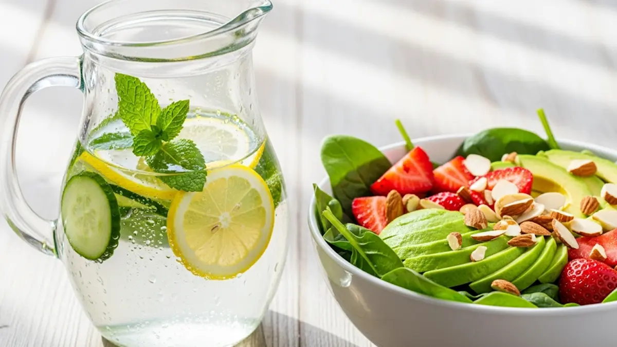 Acqua detox rinfrescante con limone e menta accanto a una colorata insalata estiva