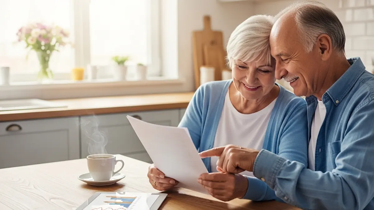 Anziana coppia sorridente che controlla i propri documenti seduta al tavolo di casa