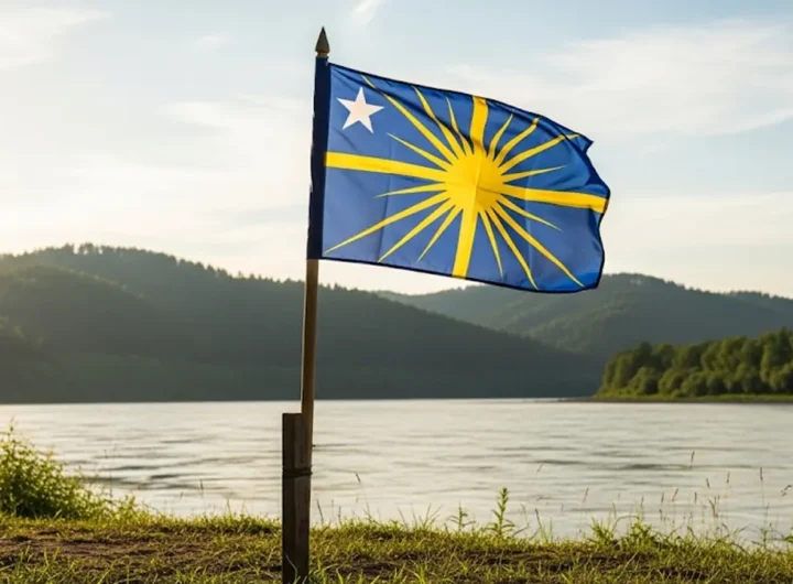 Bandiera della Libera Repubblica di Verdis sventola in un paesaggio fluviale