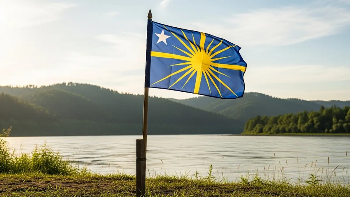 Bandiera della Libera Repubblica di Verdis sventola in un paesaggio fluviale