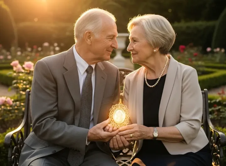 Coppia anziana felice che celebra i 50 anni di matrimonio guardando un regalo dorato in un giardino al tramonto